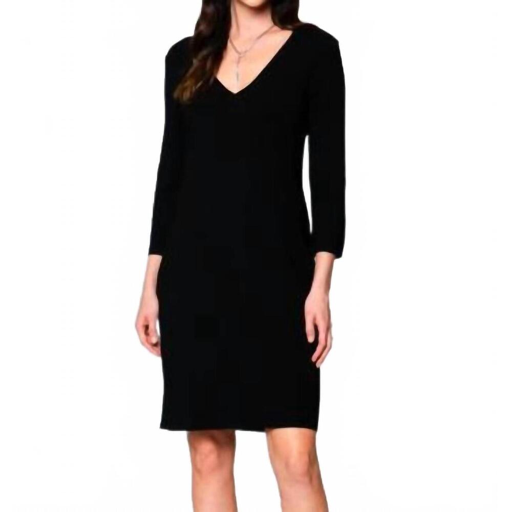 NEW BIANA vanessa milano knit three quarter sleeves sheath midi dress in black